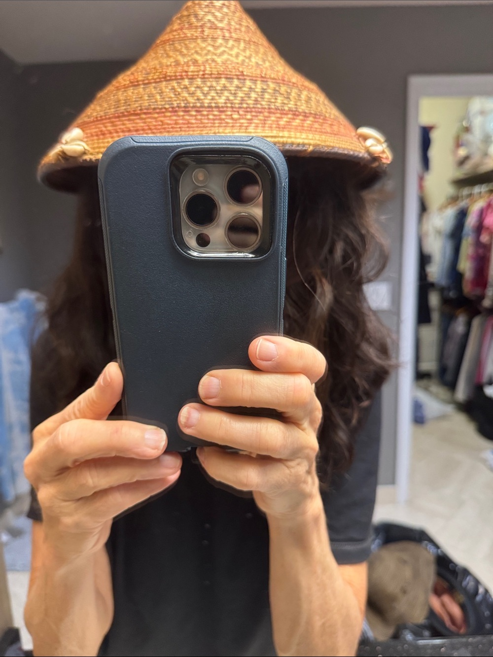Handwoven Conical Straw Hat with Shell Accents - Brown & Tan